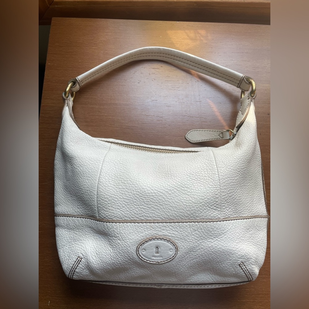 Fossil Ivory Pebbled Leather Tate Hobo Shoulder Bag Purse